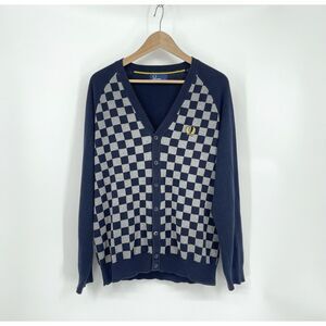 FRED PERRY Button V-neck Classic Cotton Cardigan Blue Gray Check Men’s Size L